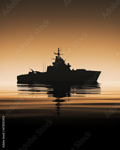 black silhouette of a military boat in the sea at sunset 