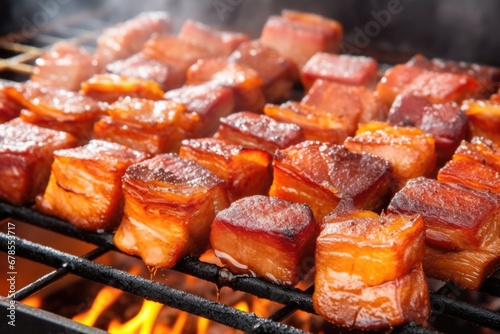close-up of sizzling pork belly on bbq rack