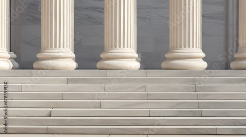 White marble stairs, colonnade, and stone columns of law building with classic, ancient architecture. Copy space for text, advertising, message, logo