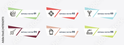 hand wash, serviette, floor mop, mop, bin, garden hose outline icons. editable vector from cleaning concept.