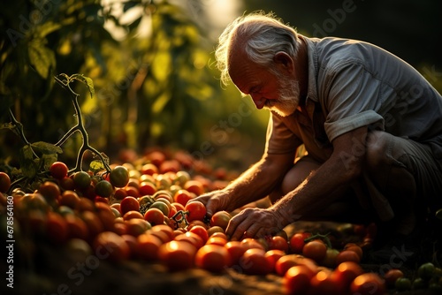 Farmer picking tomato in organic garden.