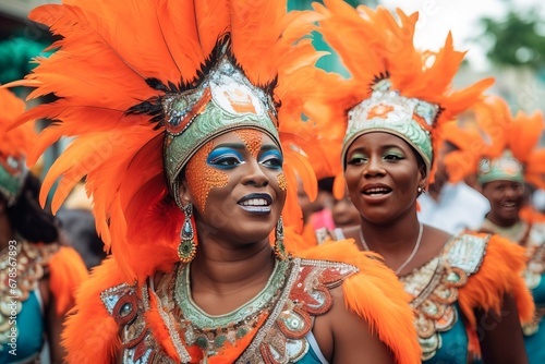 Caribbean costume carnival. Art dance bikini party festival. Generate Ai