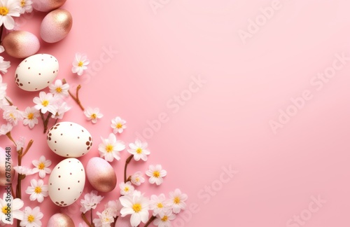 Colorful Easter chocolate eggs, bunnies and spring flowers border flat lay on pink background. Happy Easter! Stylish easter layout, greeting card or banner template.