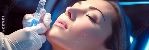 Young Woman Receiving Anti-aging face Injection in lips In Beauty Clinic . Generative AI