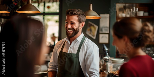 Handsome smiling waiter serving coffee to customers . Generative AI