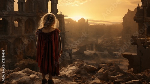 An image of an orphan child stands in front of the ruins.