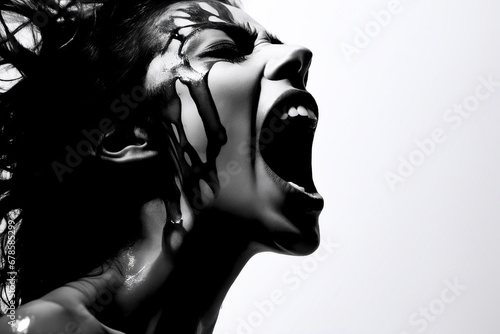Woman with her mouth open and painted black and white.