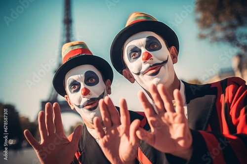 Two funny French mimes artists. Comedy pantomime entertainment performance on street. Generate ai