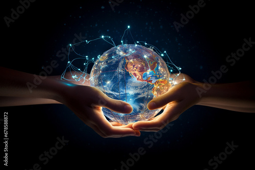 Connected World: Hands Holding Miniature Globe with Digital Network Lines Connecting Continents