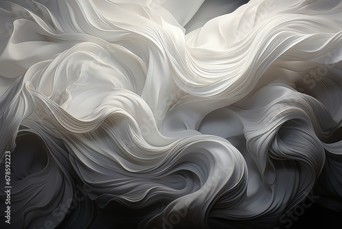 An abstract wallpaper featuring undulating waves of white fabric against a black background creates a visually serene and elegant composition. Illustration