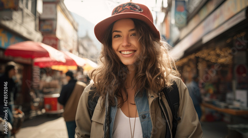Fun young woman wearing a cap natural posing in a Peru street market