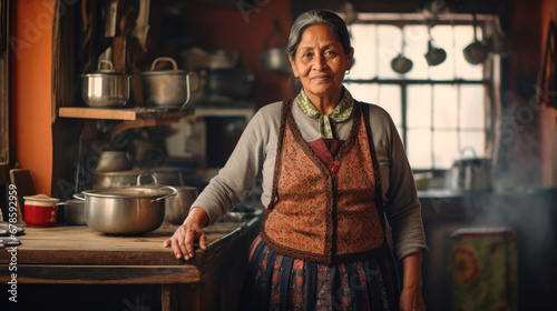 Peruvian old woman wearing traditional outfit standing in the kitchen