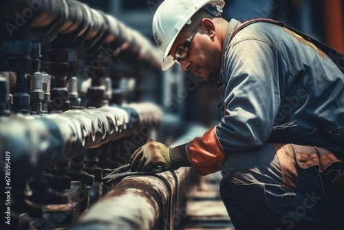A man wearing a hard hat is seen working on pipes. This image can be used to showcase construction work or industrial projects.