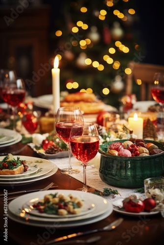 Traditional 90s Christmas dinner table set with festive dishes and decor 