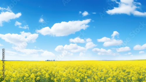 Yellow Flower Field Under Blue Sky Filled with Fluffy Clouds