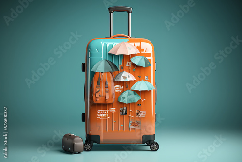 a packed suitcase with umbrellas , symbol of travel insurance