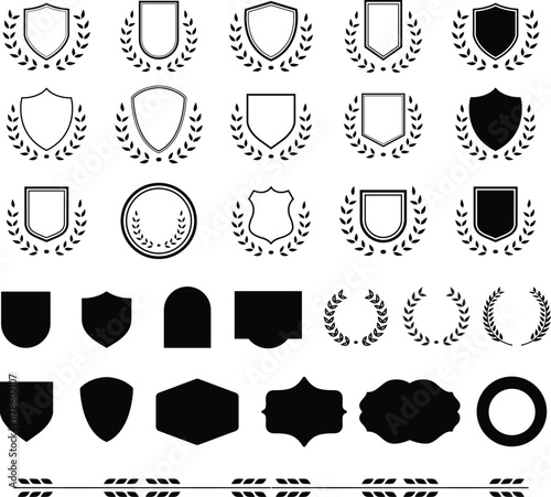 Medieval shields with stars and laurel wreaths set. Vector illustration shield with laurel wreath set