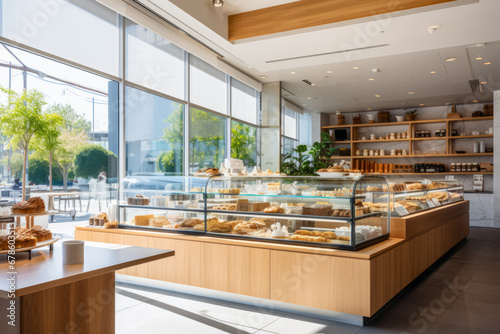 Airy bakery cafe interior with large windows and wooden shelving