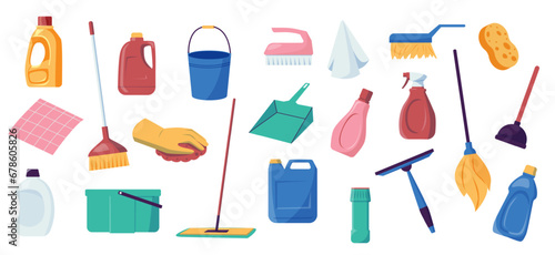House cleaning tools. Washing and cleaning equipment, rubber gloves, dustpan and brush, soap bottle and bucket. Vector housekeeping chemical set