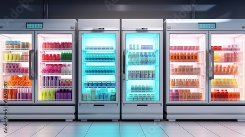 Refrigerators different types of supermarket fredges photo, mock-up, planogram. Suitable for presenting new products, interior design and retail design presentations.