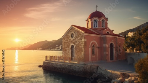 This is a photo of the old Greek Orthodox church of Saint John at sunset on Samos town, Greece.