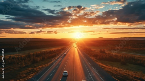 Aerial view of cars on the road rushing towards the sunset