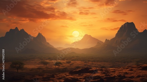 Landscape with sunset concept,African landscape with mountains silhouettes and sunset