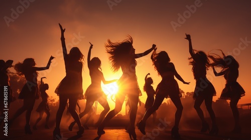Silhouettes of two teenage girls jumping,Sunset party dancers silhouettes at summer music festival