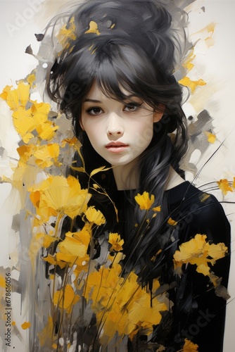 Waning starlet savors memories framed in blacks greys whites and dandelion yellow 