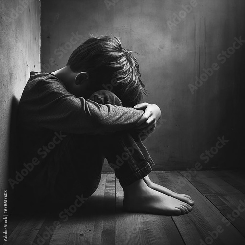 A boy in a corner with his head between his legs, feeling depressed and sad. 