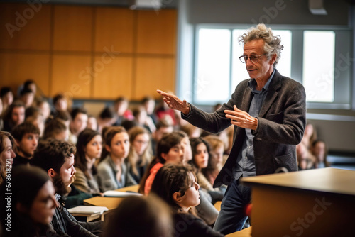 Lecture in a university auditorium to a group of students by a gray-haired professor teacher. AI generated.