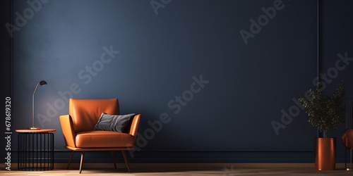 Interior of light room with leather armchair on empty dark background. Luxe Living: Light Room Elegance