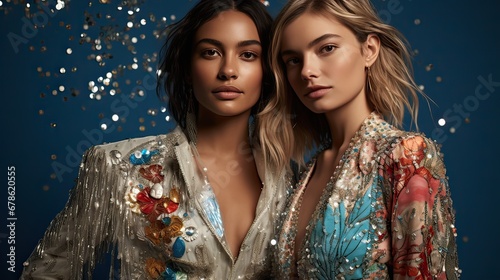 Two women are standing behind each other wearing sequin