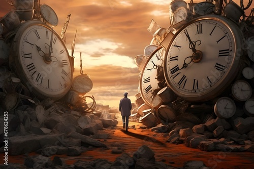 A mystical scene with a man walking between giant clocks