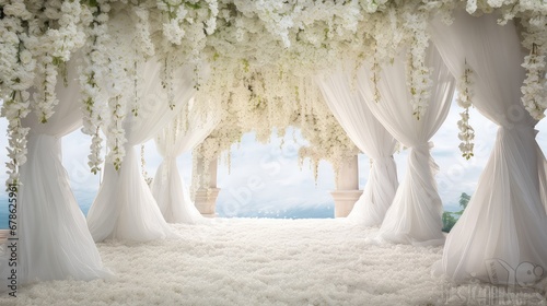 decorative white wedding flowers background illustration ethereal beautiful, leaves design, fantasy romantic decorative white wedding flowers background