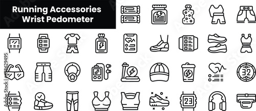 Set of outline running accessories wrist pedometer icons