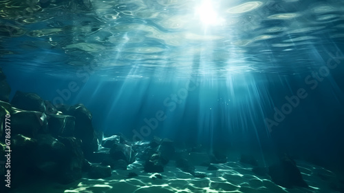 Underwater ocean panorama with water surface sun on a sunbeam serbien izrael, in the style of dark teal and light silver, fluid photography 