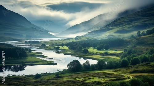 misty morning in the scottish highlands, with rugged hills partially veiled in fog, copy space, 16:9