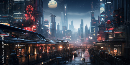 Sci fi cyberpunk modern city in neon lights