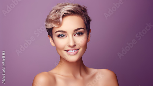 Portrait of a beautiful, sexy smiling Caucasian woman with perfect skin and short haircut, on a purple background.