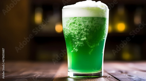 Closeup of vibrant green beer on a bar counter, Saint Patrick's Day celebration