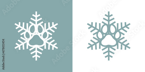 Tiempo de Navidad. Logo pet friendly. Silueta lineal de copo de nieve con zarpa de perro o gato para su uso en invitaciones y tarjetas