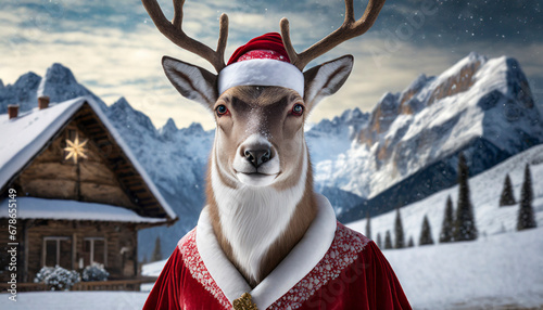Ilustración del retrato de un reno vestido de santa Claus en un paisaje invernal en una época de invierno y de fiestas de Navidad 
