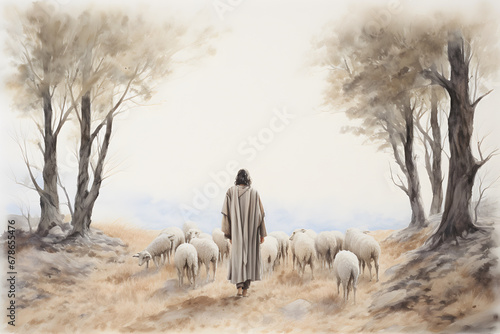 Jesus Christ, the good shepherd and sheep at the grove. AI generative