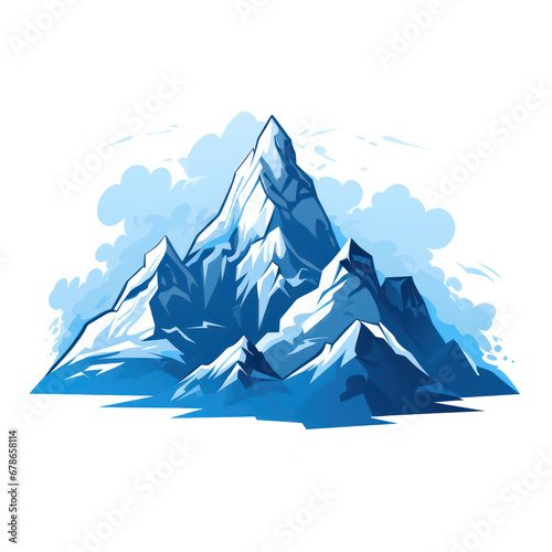 Flat logo rock mountain relief with clouds. Snowy cliff, mountain and hill. Isolated rocky peak, cartoon canyon silhouette on transparent background