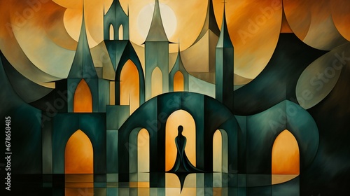 Surreal Cathedral Silhouette Against Cosmic Backdrop in Warm and Cool Abstract Shades
