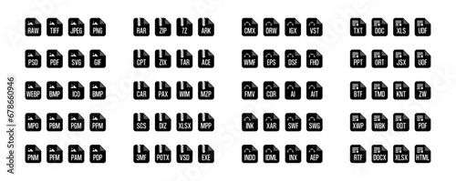 Stock market display file formats extension vector illustration Design fill icon collection