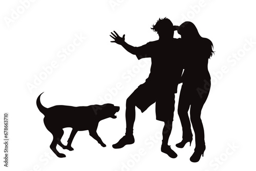 Vector silhouettes of couple with aggressive dog on white background. Symbol of pet and attack.