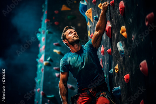 A climber reaching for a challenging hold on an indoor climbing wall