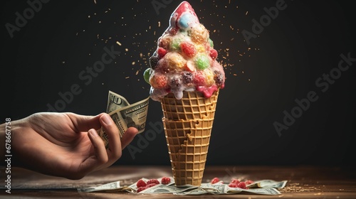 AI generated illustration of US dollars bills being poured from an ice cream cone-shaped container